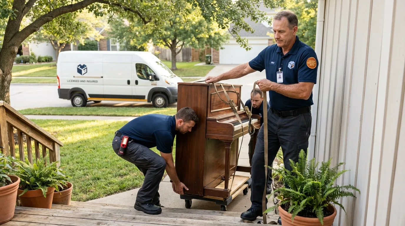 Licensed piano movers securing grand piano in Keewatin, MN
