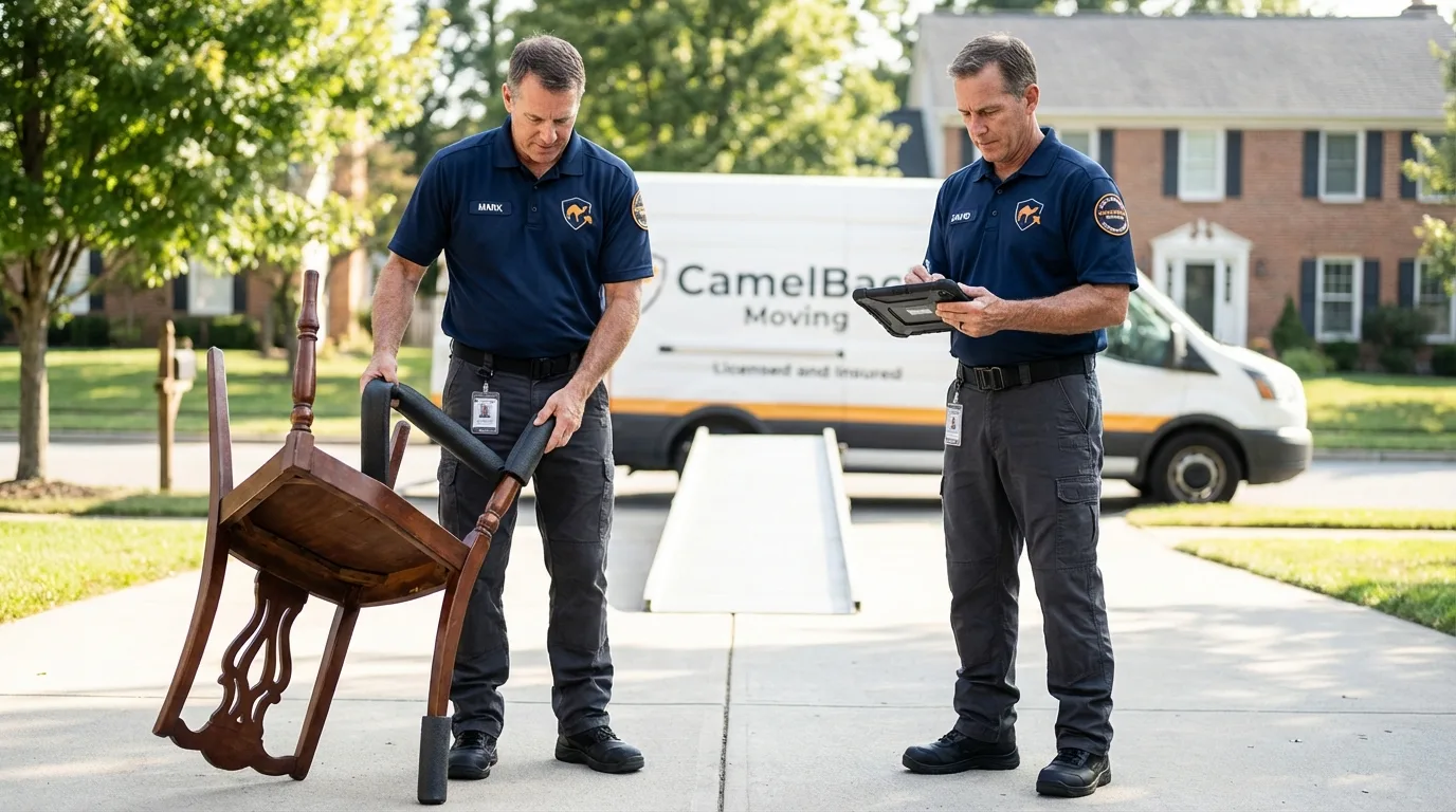 Movers inspecting furniture for damage prevention before loading in Keewatin, MN