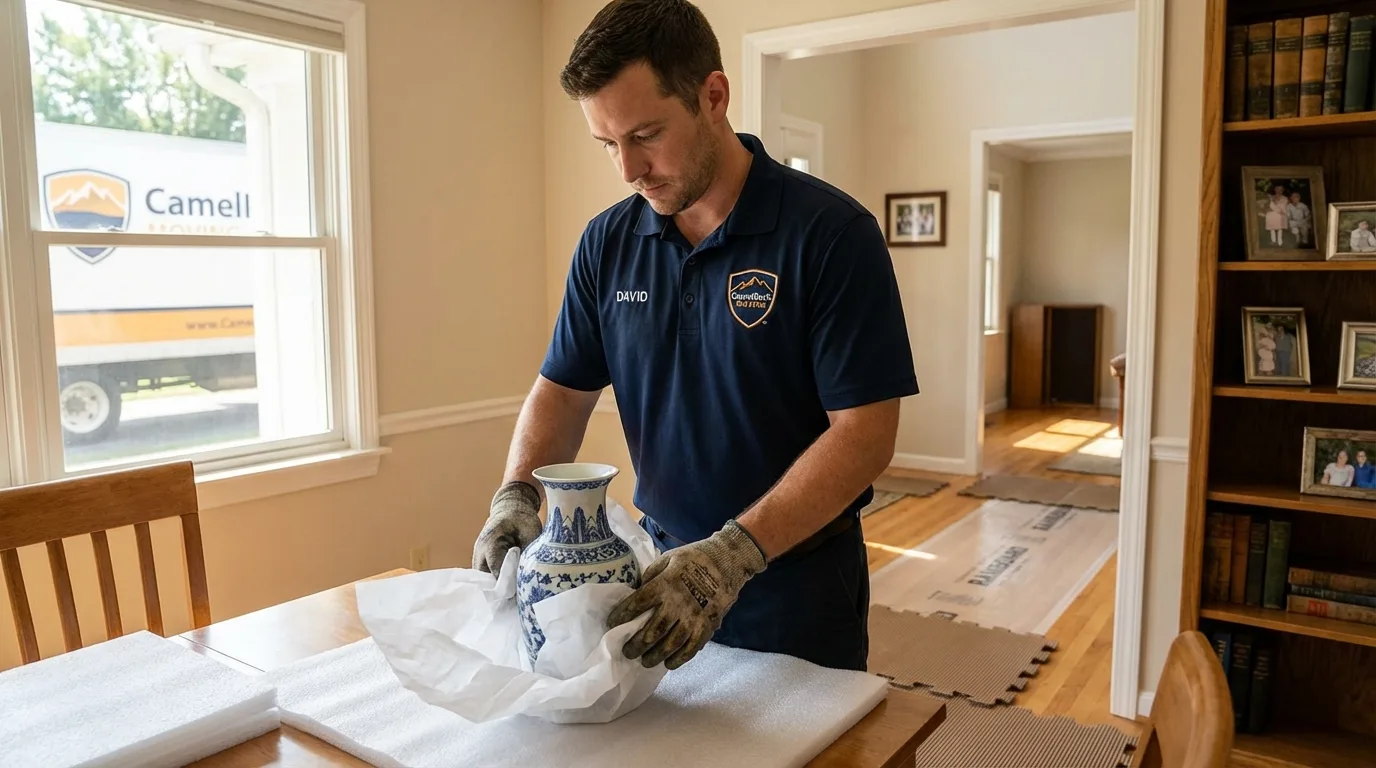 Professional crew carefully wrapping antique vase for senior downsizing move in Keewatin, MN