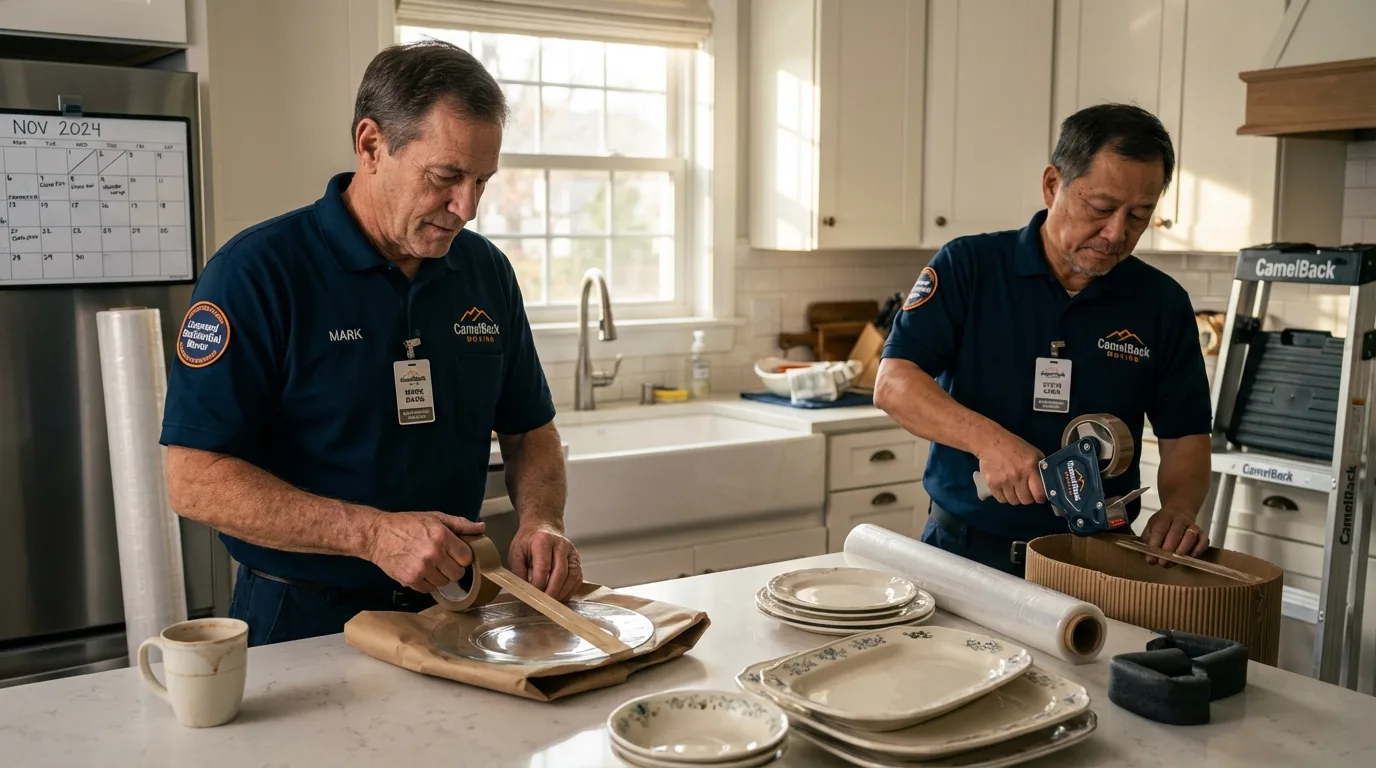 Professional crew packing kitchen dishware in Keewatin, MN